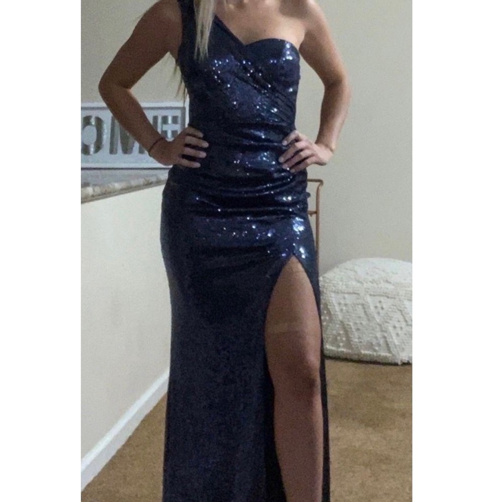 Dark blue sequin prom dress
